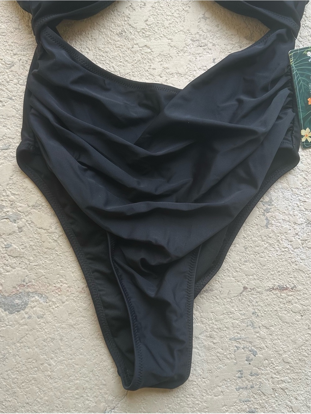 Black Cutout One-Piece Swimsuit with Ruched Midsection - Picture 6 of 7